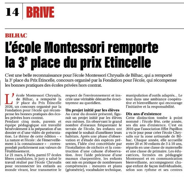 Coupure de La Montagne : « L’école Montessori remporte la 3e place du prix Étincelle »